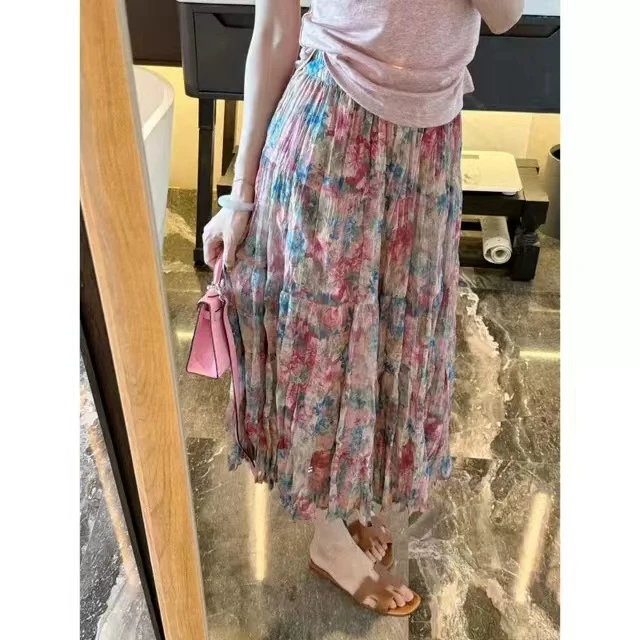 法式温柔褶皱温柔甜美垂感中长款高腰气质显瘦早秋碎花半身裙