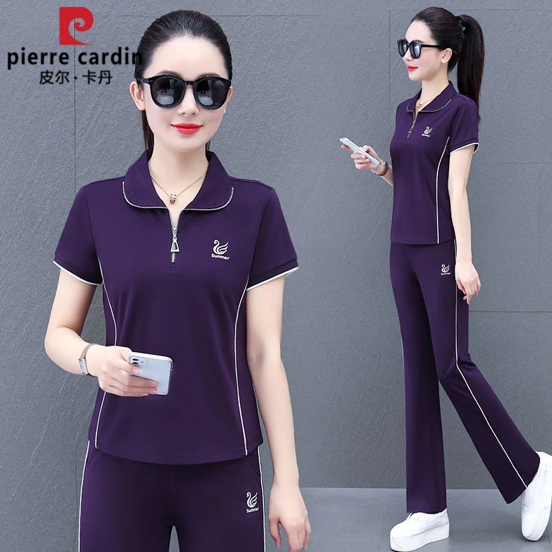 皮尔卡丹冰丝运动套装女2025夏季新款洋气时尚减龄短袖长裤两件套