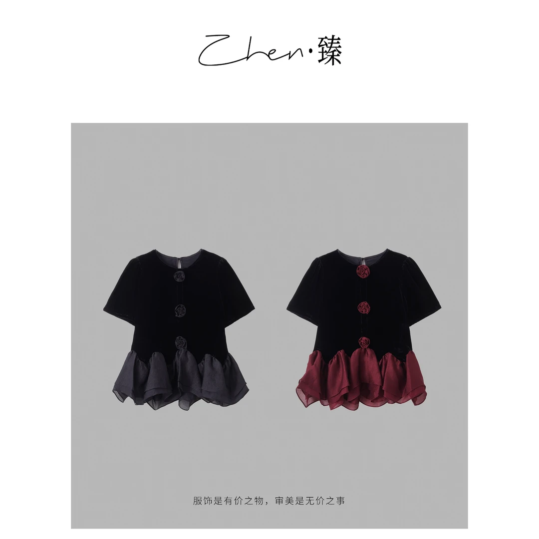 ZHEN.臻 法式宫廷风立体玫瑰花显瘦娃娃衫真丝丝绒上衣SY8179Z