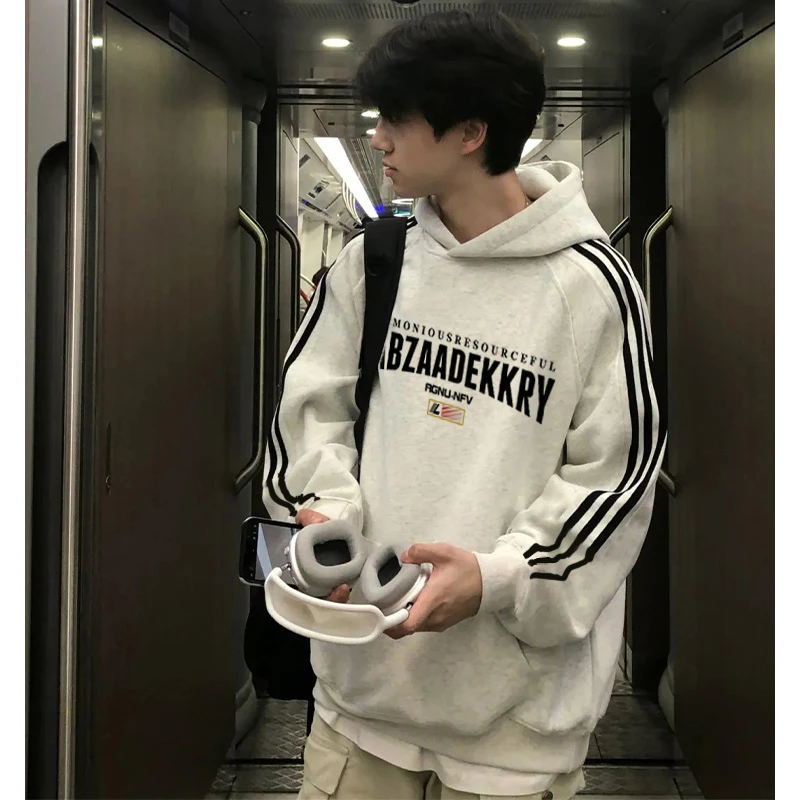 美式原创字母印花三条杠连帽卫衣男秋季潮牌宽松休闲加绒加厚外套