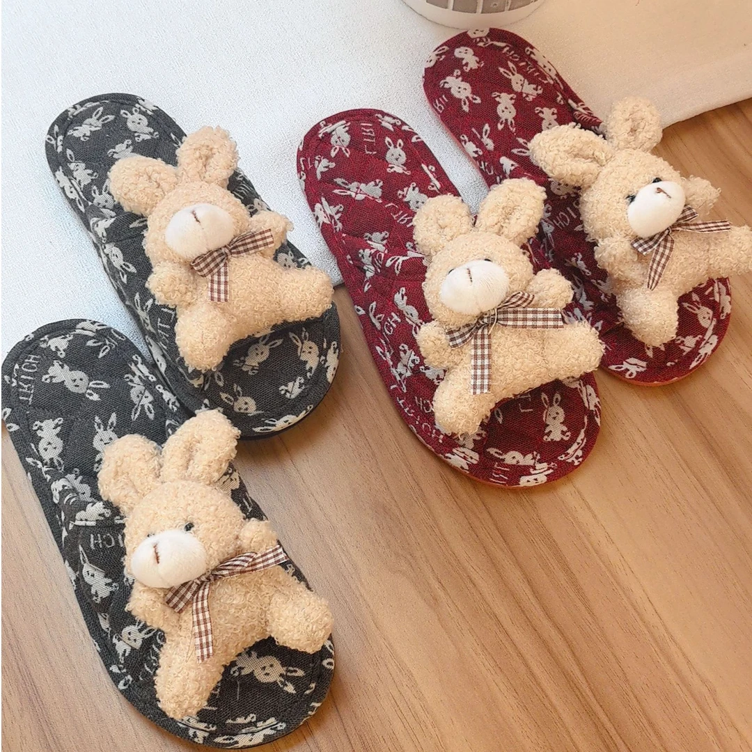 纯棉布艺拖鞋居家防滑软底室内拖鞋卡通兔子静音布底亲肤耐磨拖鞋