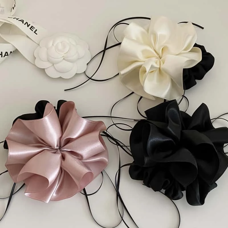飘带蝴蝶结丝光缎面花朵发圈女高级感头绳超温柔气质头花发饰头饰
