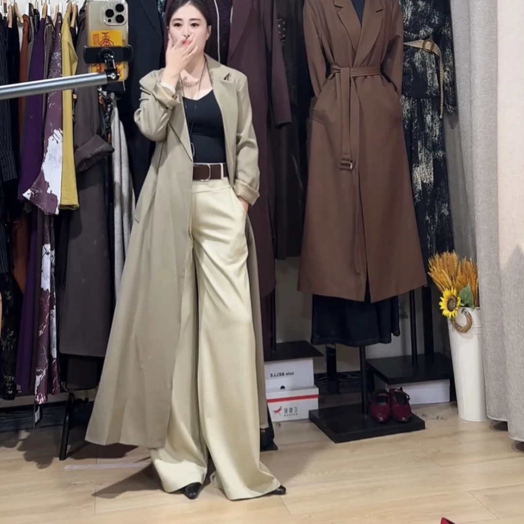 【SPXX】秋新款美式复古洋气设计感阔腿西装裤女卡其色低腰裤子