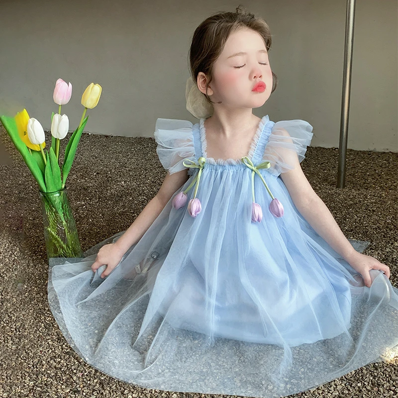 女童夏季吊带裙2025新款儿童郁金香公主裙时髦宝宝韩版花朵背心裙