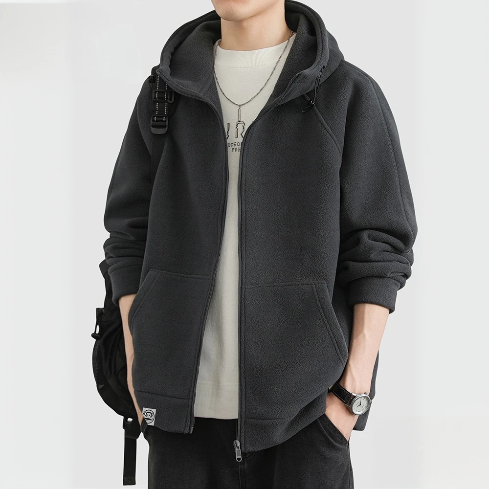 HAESONMENEAT哈逊梅奈摇粒绒外套男秋季新款潮流保暖连帽夹克外套