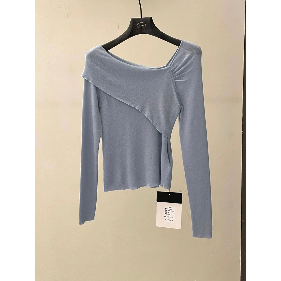 【ZZ严选】1051不规则斜肩针织衫女冰丝修身法式露肩上衣