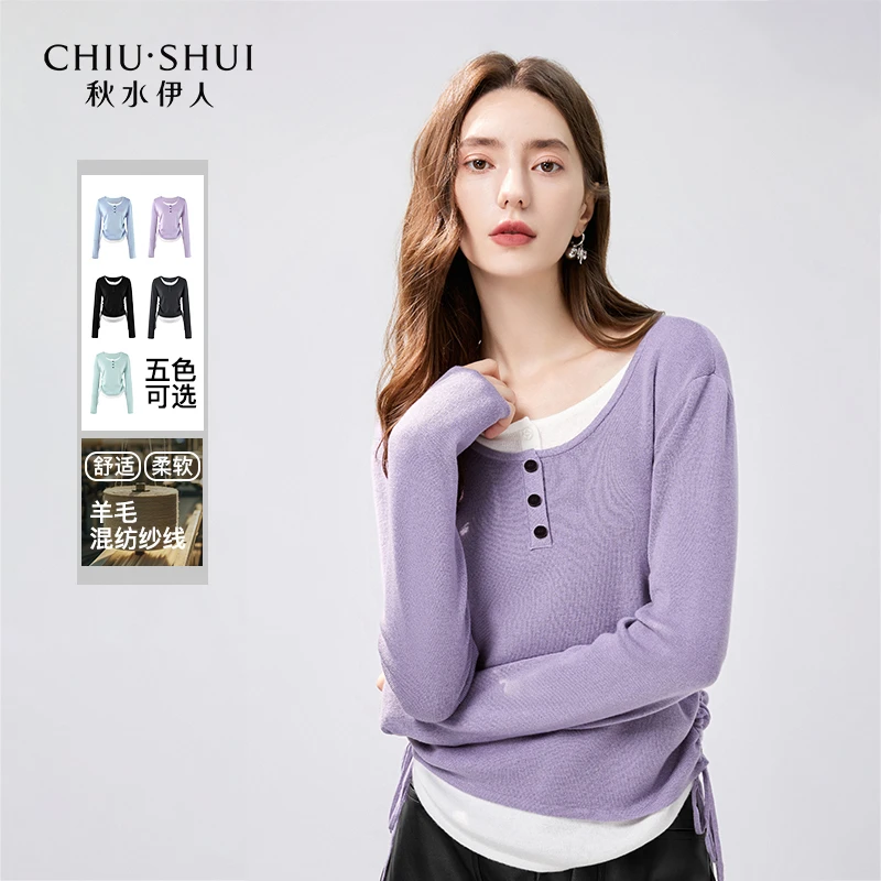【直播】秋水伊人假两件圆领针织衫冬女长袖上衣624408D100272
