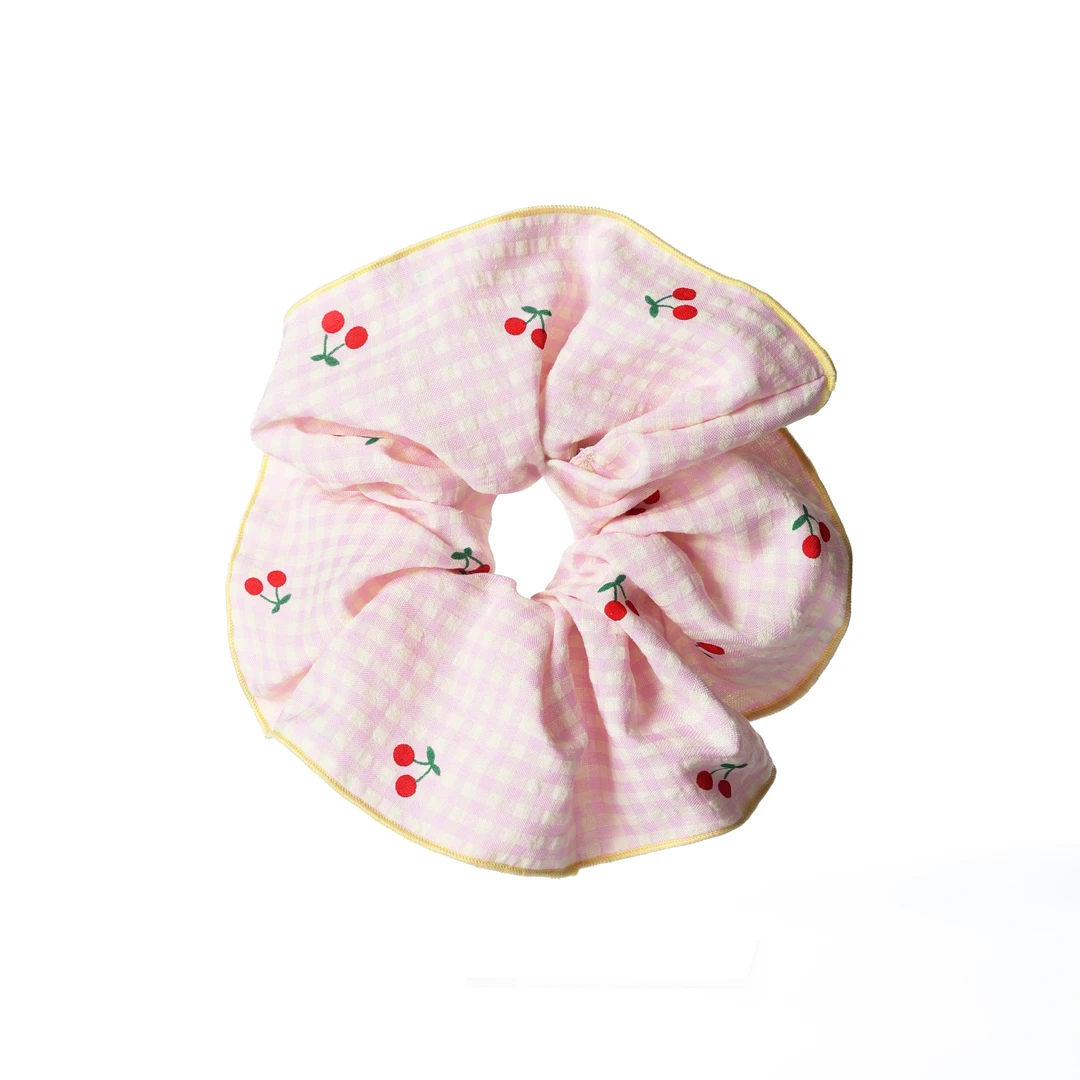 挽梦新款时尚紫粉色格子樱桃发圈2031