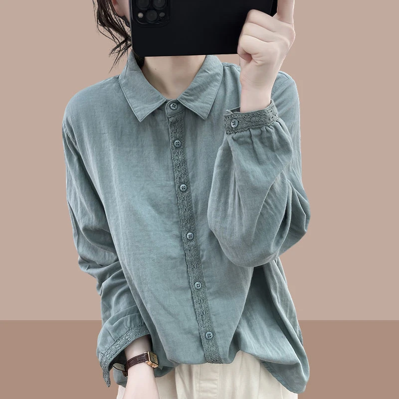 蕾丝拼接长袖衬衫2025春秋季时尚新款宽松减龄上衣复古打底衫衬衣