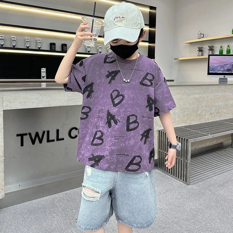 痞帅男童夏装短袖2025新款洋气中大儿童夏季纯棉帅气外穿半袖上衣