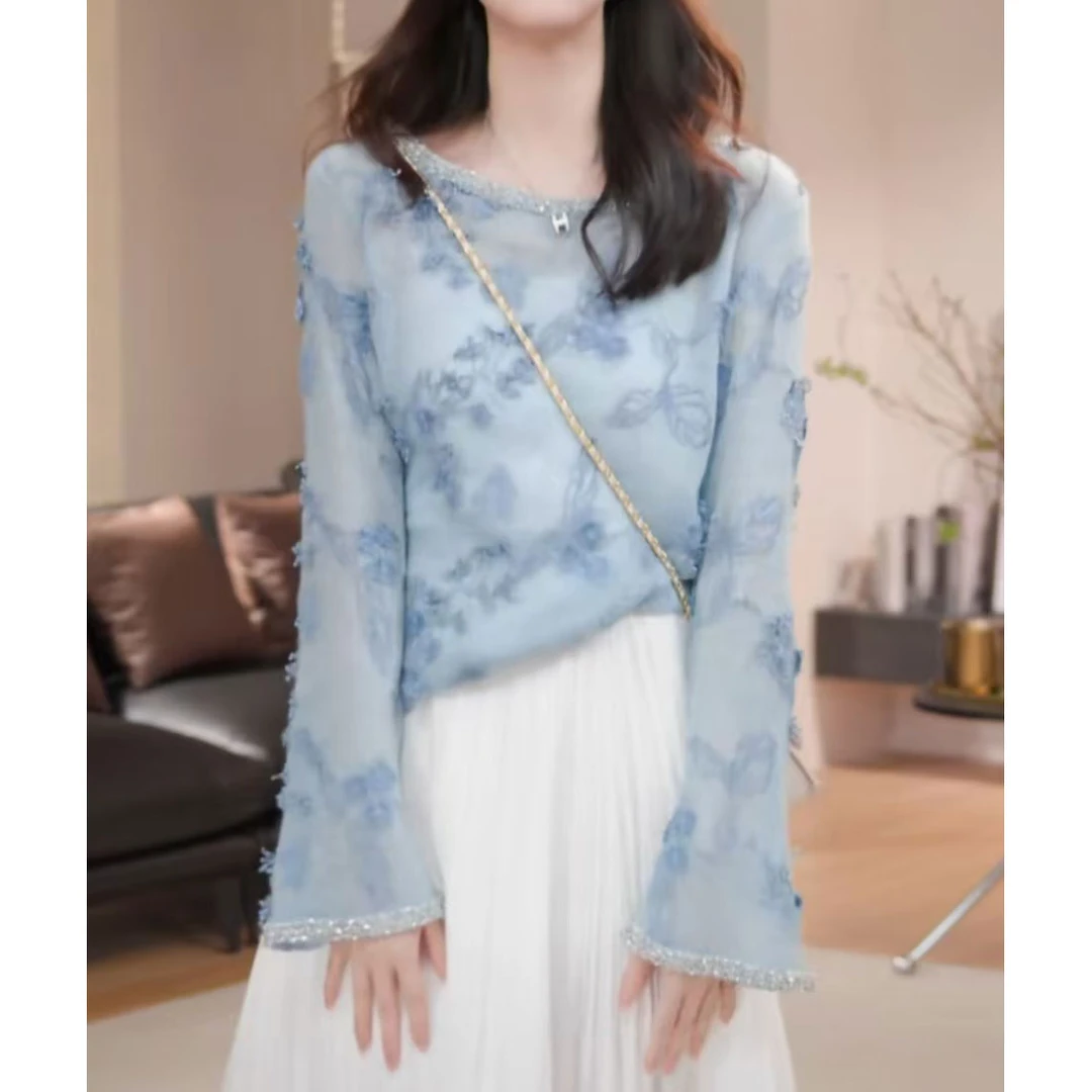 针织打底衫女初夏新款小众设计感镶钻长袖上衣提花时尚百搭圆领