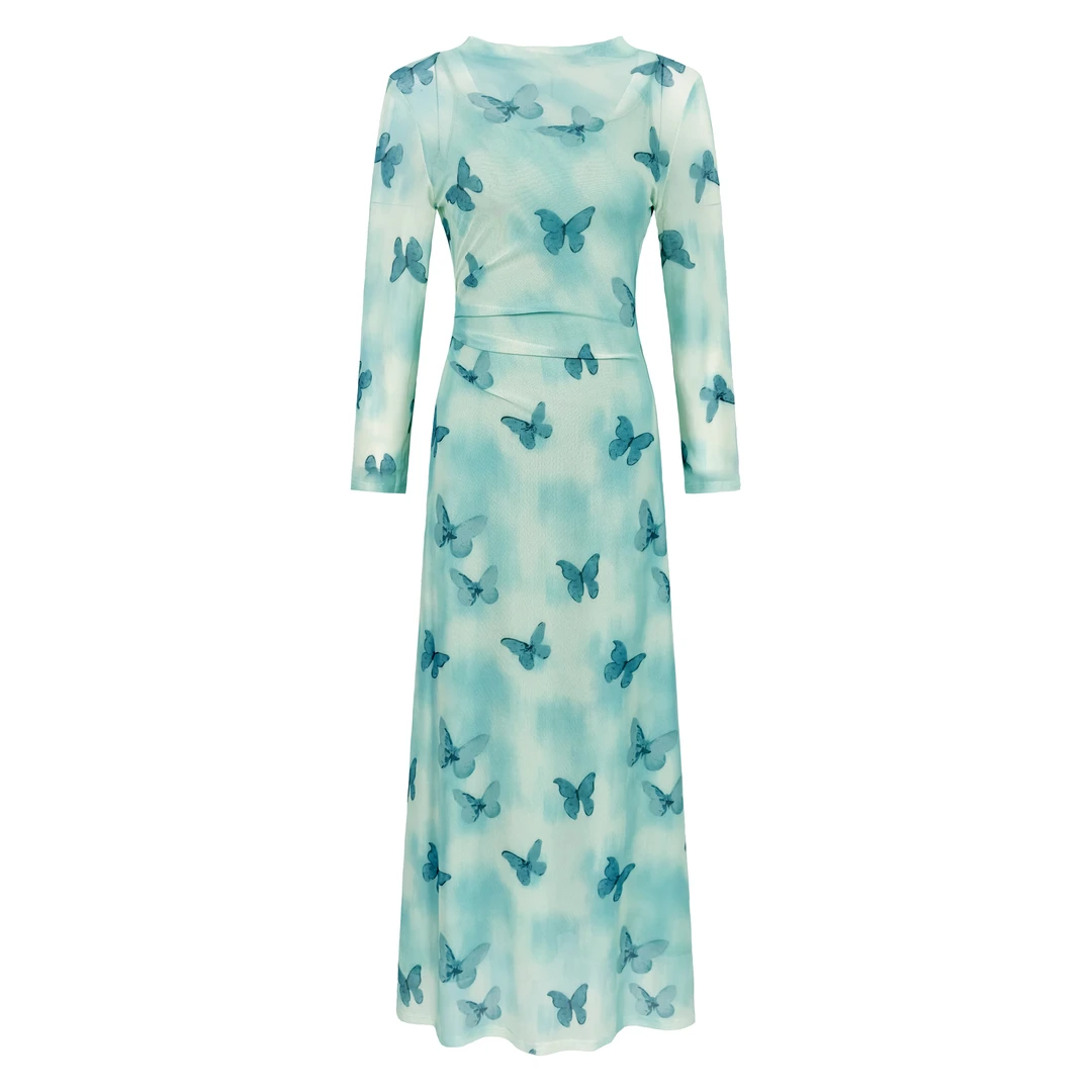 新款气质百搭印花网纱吊带连衣裙小众设计感吊带裙