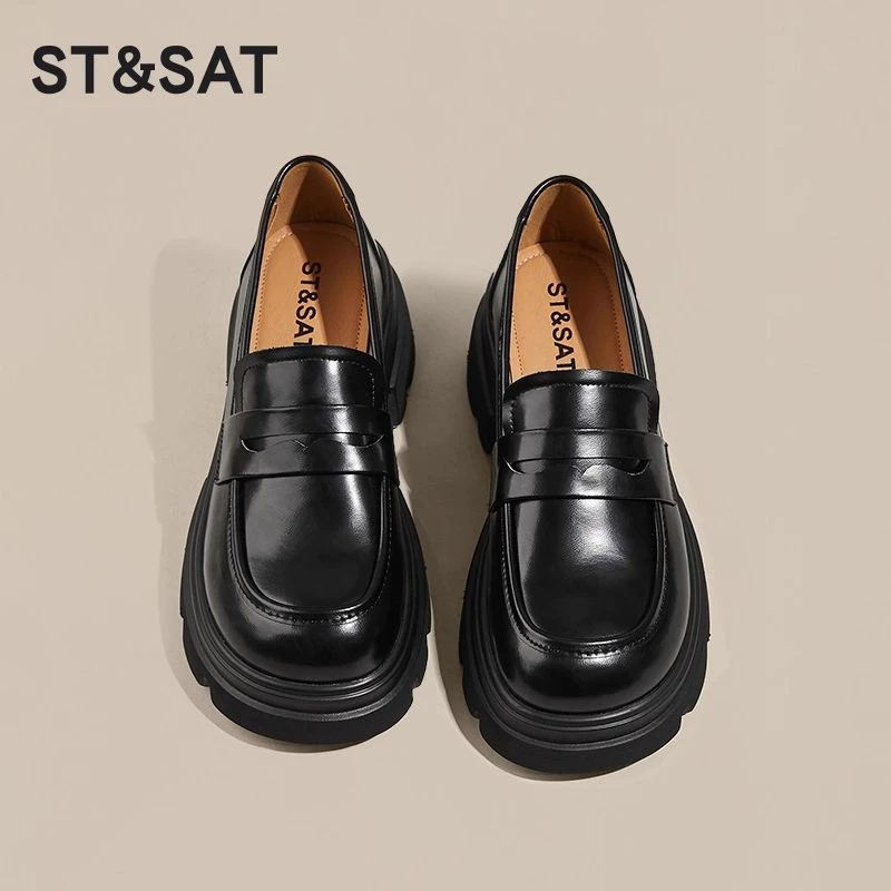 星期六英伦风乐福鞋女2024春新款增高厚底黑色粗跟小皮鞋真皮单鞋