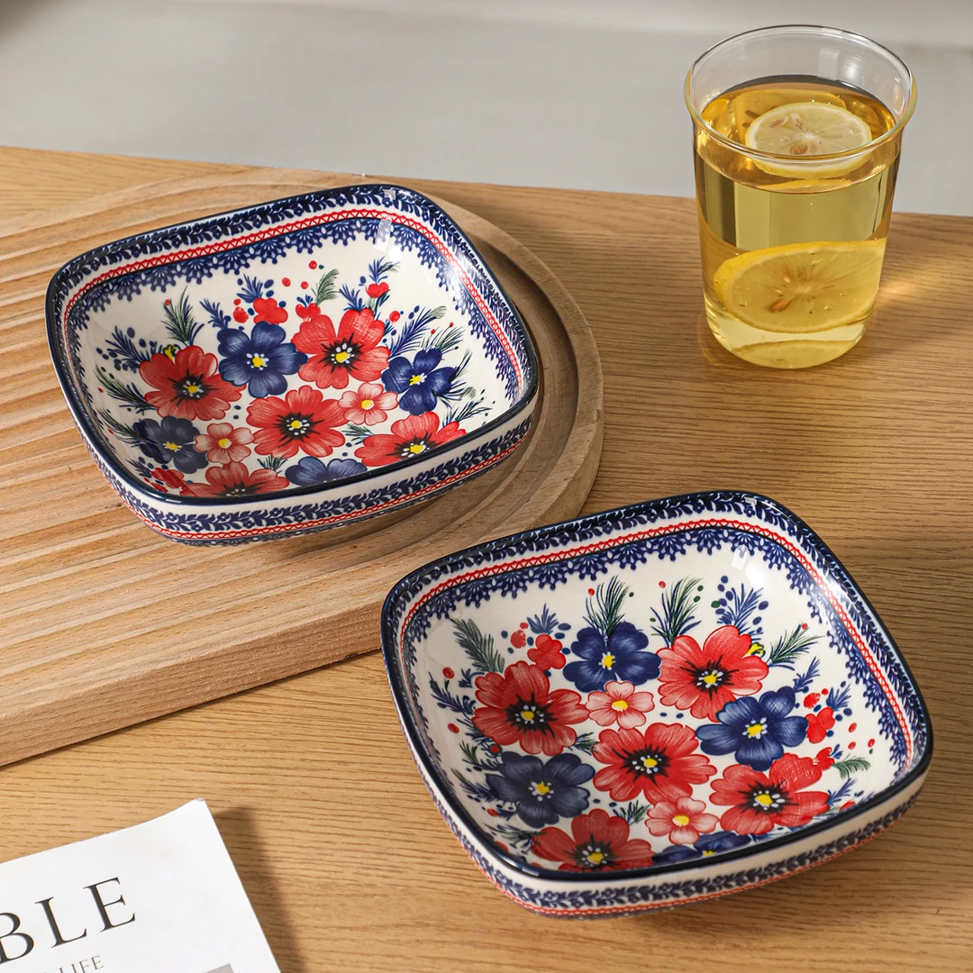 波兰绘梦6英寸四方盘两个装釉下彩陶瓷餐具