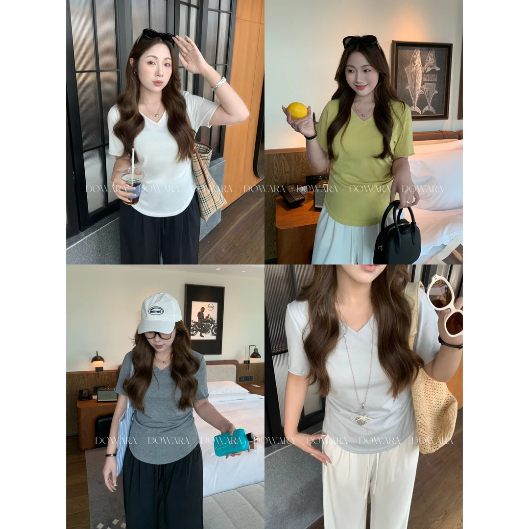 现货8464X大婉酱肉肉微胖定制【瘦瘦T】显瘦V领宽松休闲时尚上衣