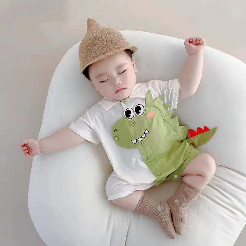 婴儿衣服夏季薄款半袖恐龙翻领连体衣纯棉吸汗透气卡通哈衣男女宝
