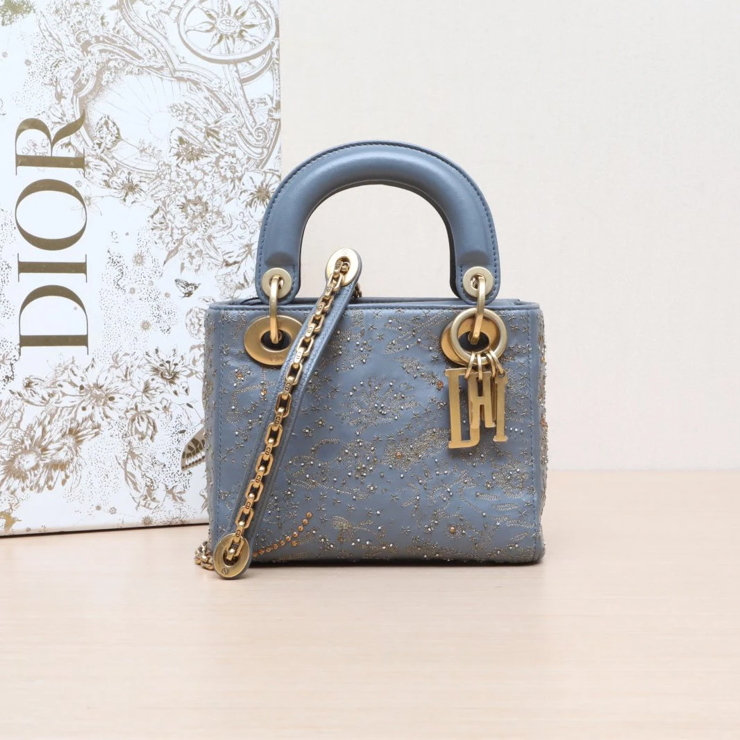 95新 DIOR/迪奥 小花Jerry活动Lady Dior 戴妃包 三格 灰色金扣