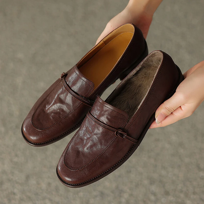 真皮新款舒适百搭加绒保暖深口乐福鞋女中跟粗跟英伦风复古单鞋子