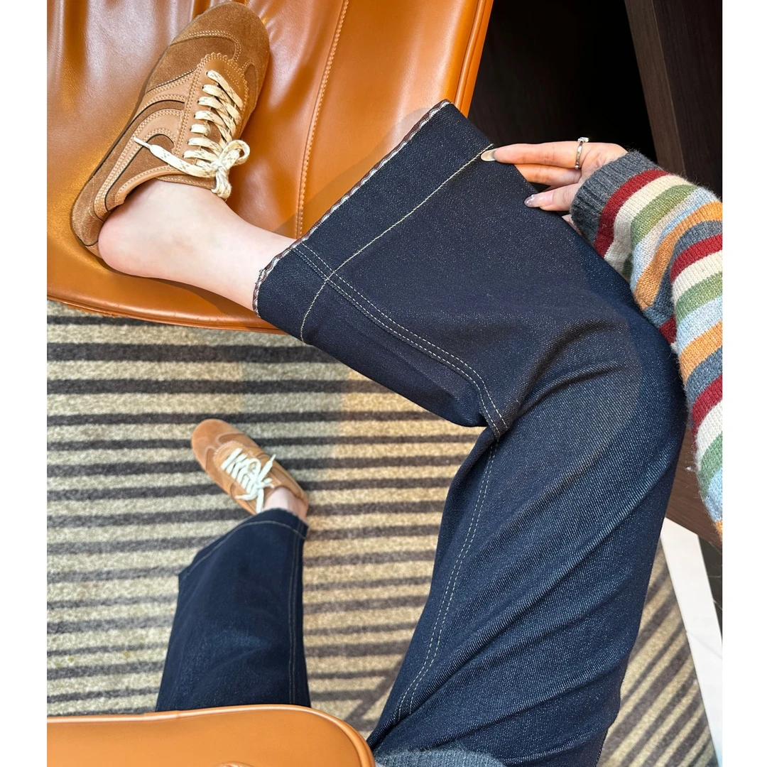 深蓝撞色刺绣阔腿九分奶奶裤女秋新款梨形身材宽松显瘦直筒牛仔裤