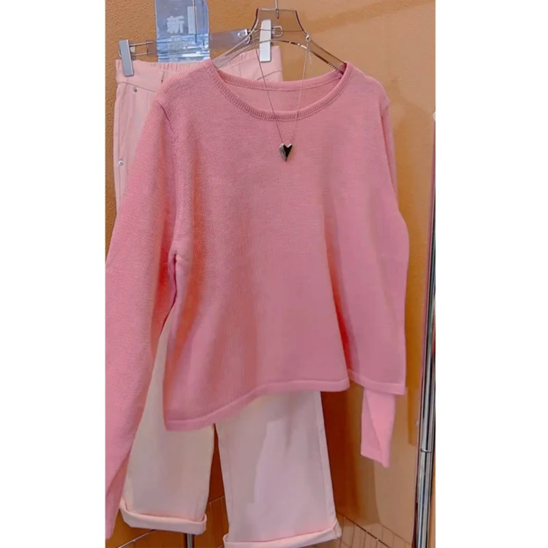 大码胖mm粉色圆领长袖针织衫女2025年秋季新款高级感宽松百搭上衣