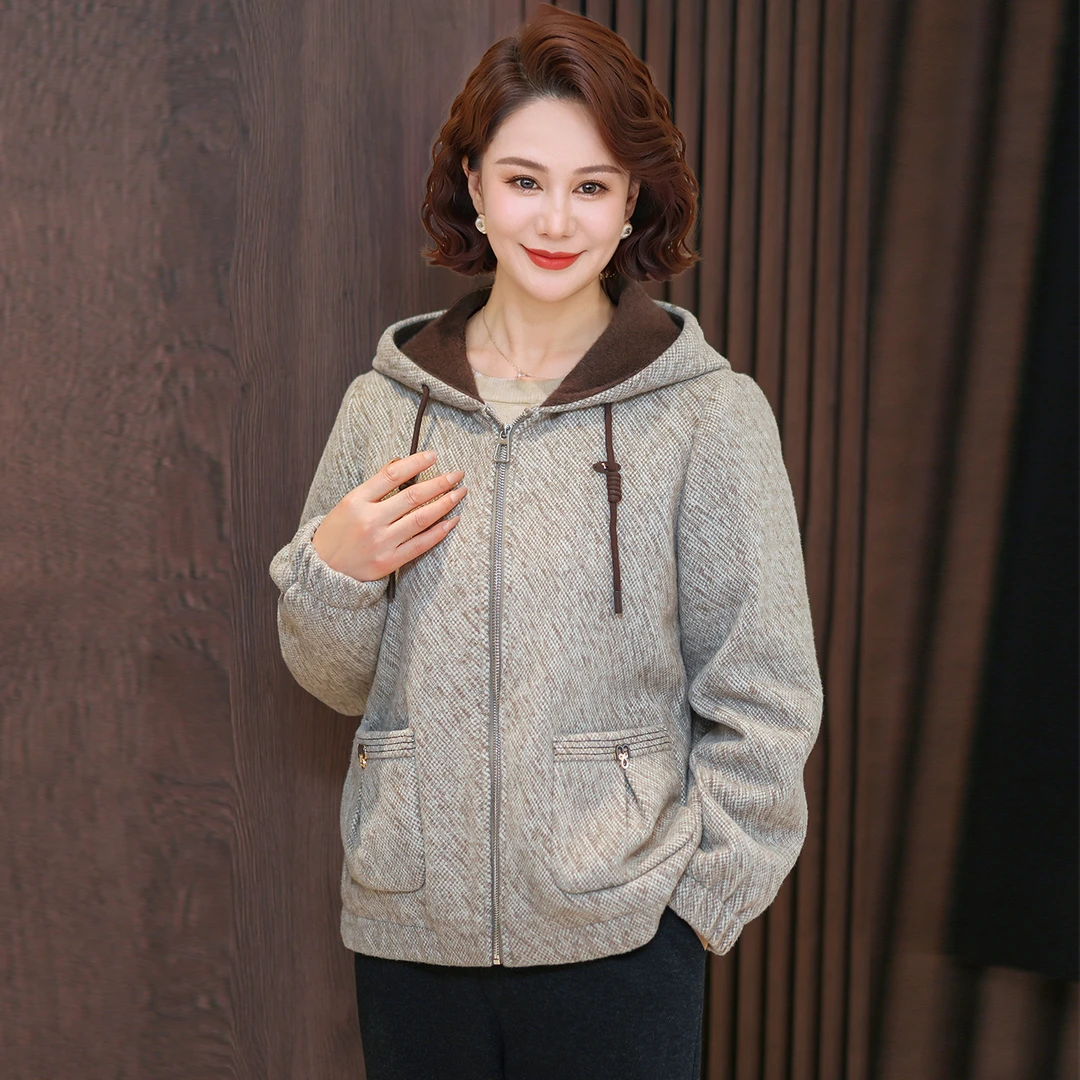 中年妈妈连帽呢子外套2025新款宽松大码中老年女装秋冬款加厚上衣