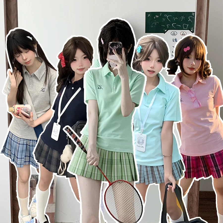 北璃酱jk原创制服收腰polo衫短袖格裙套装夏季穿搭校供百搭学院风