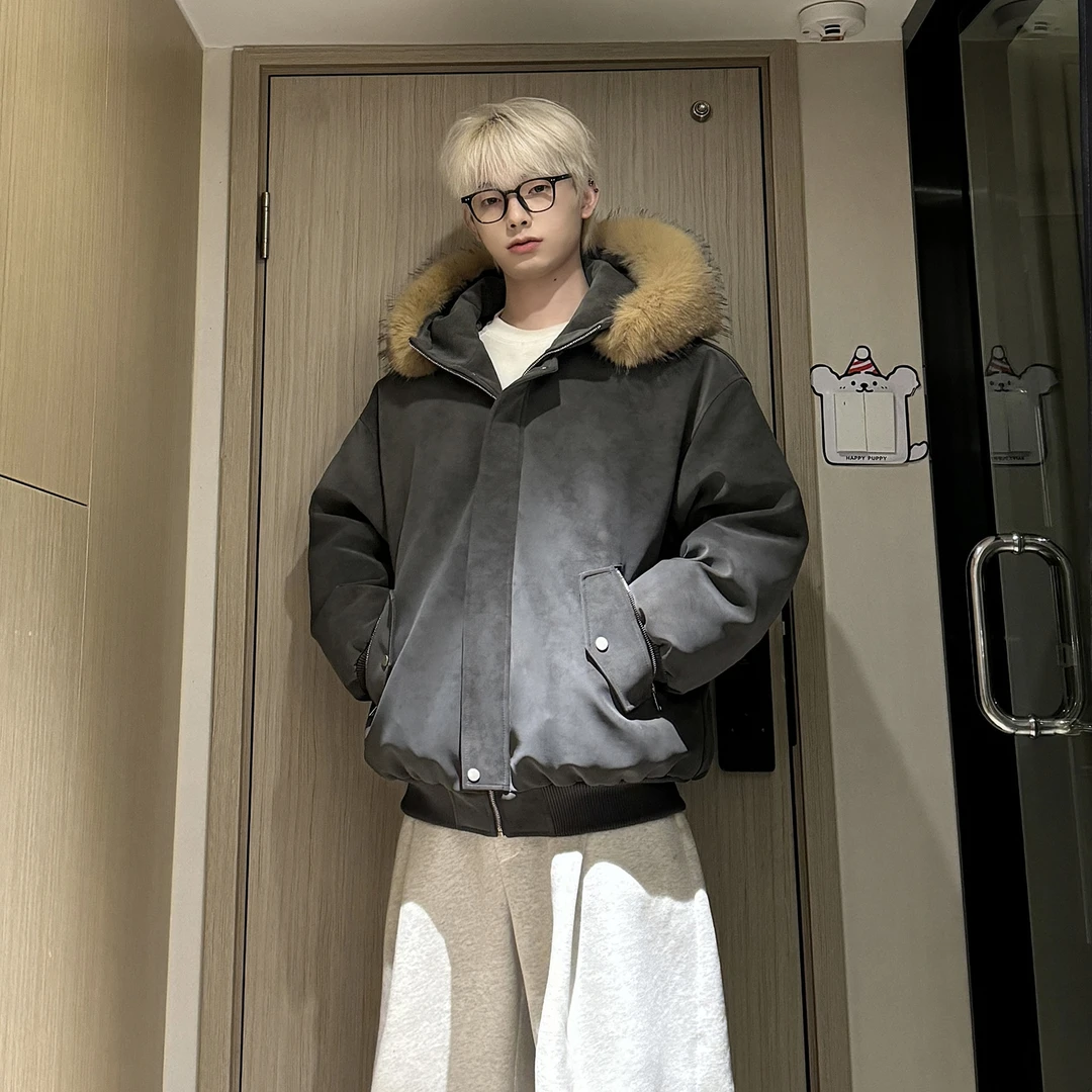 MANRE SHOW【加大加厚毛领】可拆卸连帽PU皮棉服男款保暖潮流棉衣