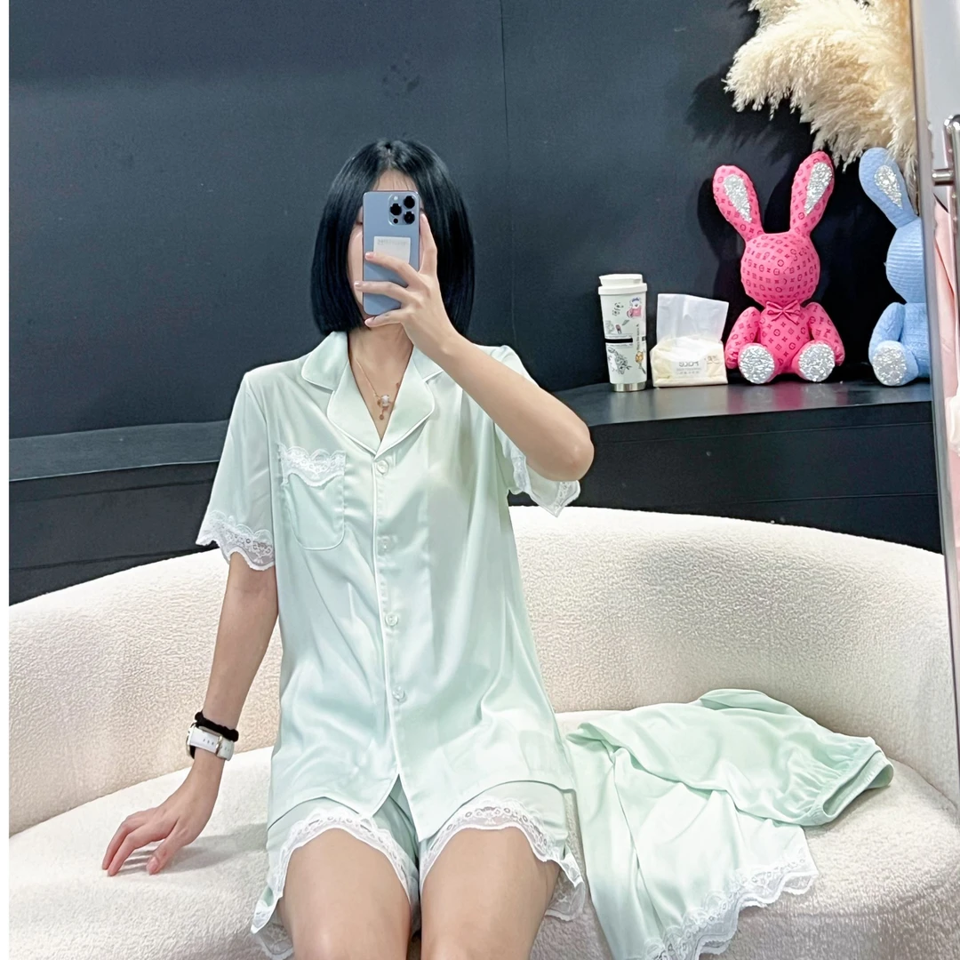 韩版夏季网红纯欲轻奢高级蕾丝边薄款短袖长裤短裤三件套家居服