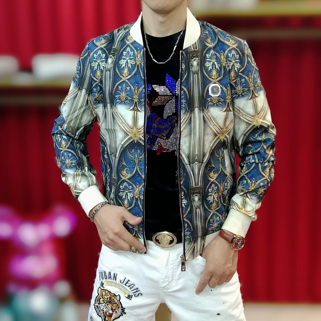 男士新款春秋时尚轻奢外套百搭修身印花上衣帅气休闲立领夹克潮