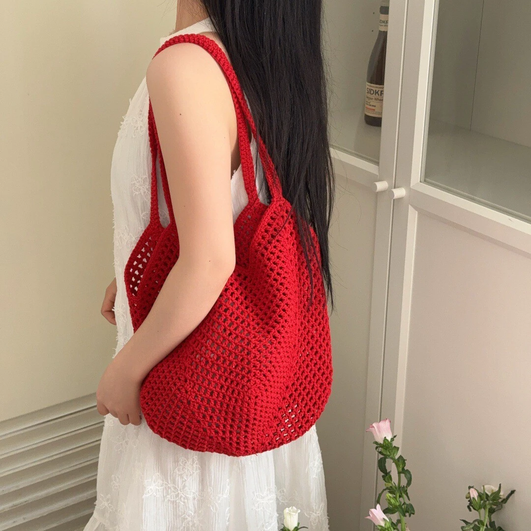 韩系棉线镂空草编包慵懒单肩小众ins风编织大容量海边度假草编包