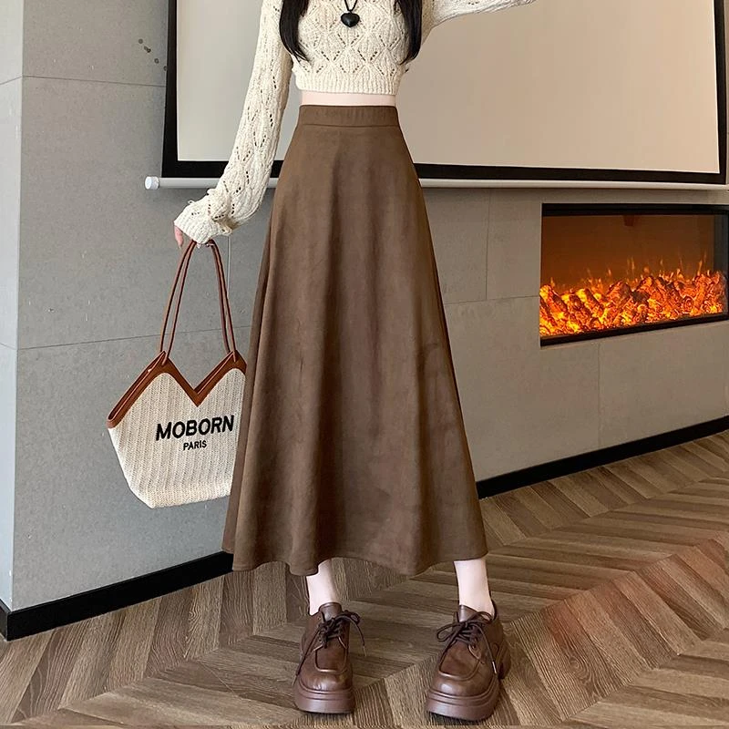 咖色麂皮绒半身裙女秋冬季新款高级感大摆伞裙高腰遮胯a字中长裙