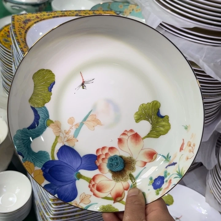 瓷片荷塘八寸深盘四个