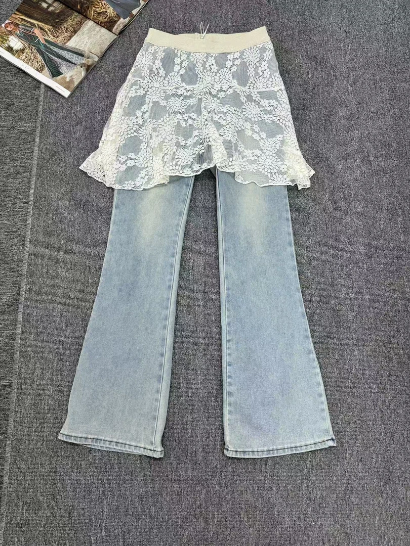 欧货女装2025春季新款松紧腰拼蕾丝洋气百搭牛仔裤