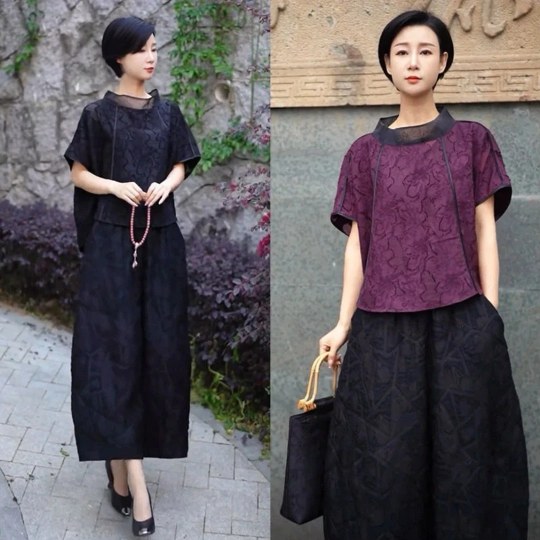 欧洲站2025夏季新款气质百搭拼接立领短袖上衣潮高腰纯色阔腿裤女