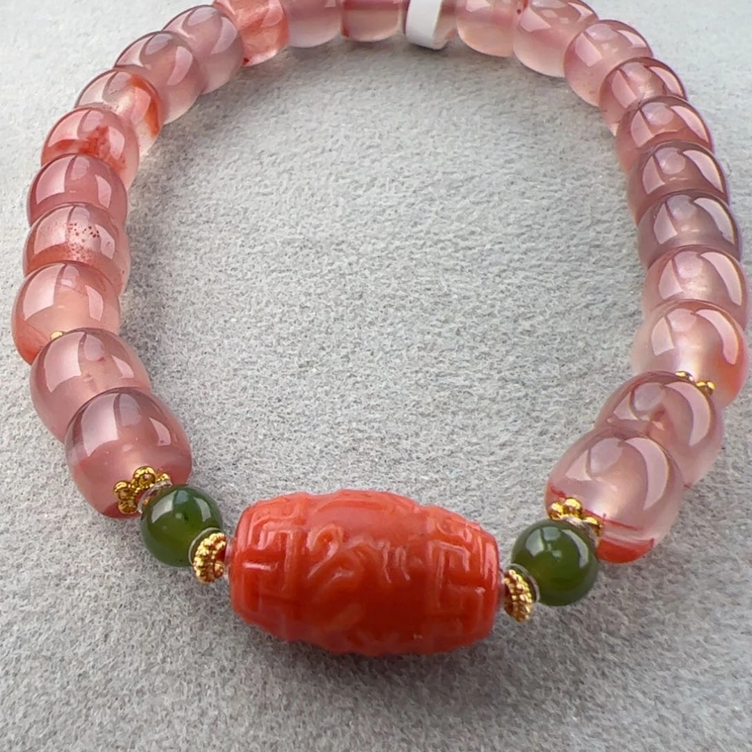 南红玛瑙冰飘花六字真言手串7+未镶嵌