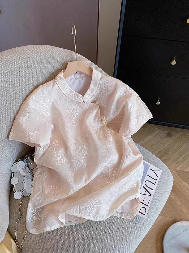 新中式粉色斜襟刺绣立领盘扣短袖衬衫女夏季国风气质修身百搭上衣