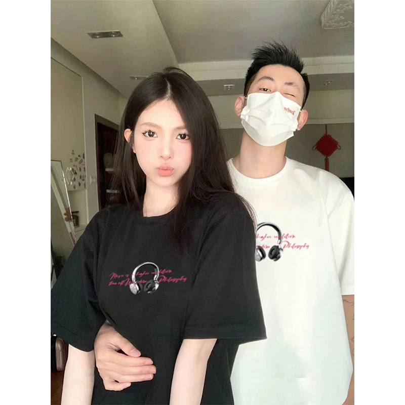 夏季新款情侣装纯棉短袖t恤宽松oversize圆领印花上衣小众设计感