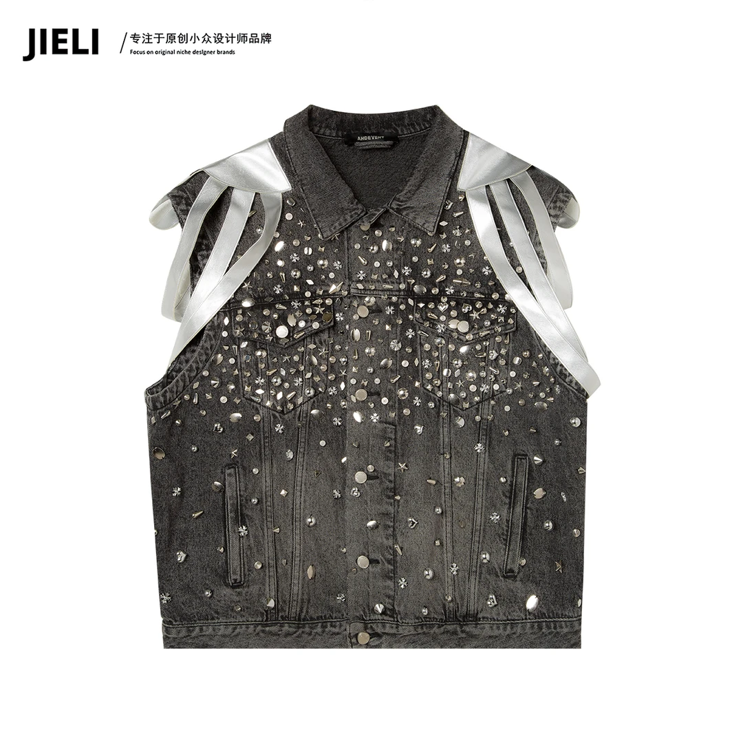 JIE LI/街力高奢原创小众设计师手工定制款牛仔马甲T7359