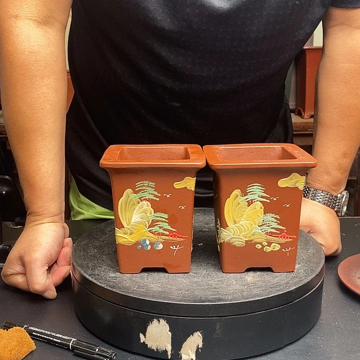 紫砂花盆货号一只两个泥绘口岩