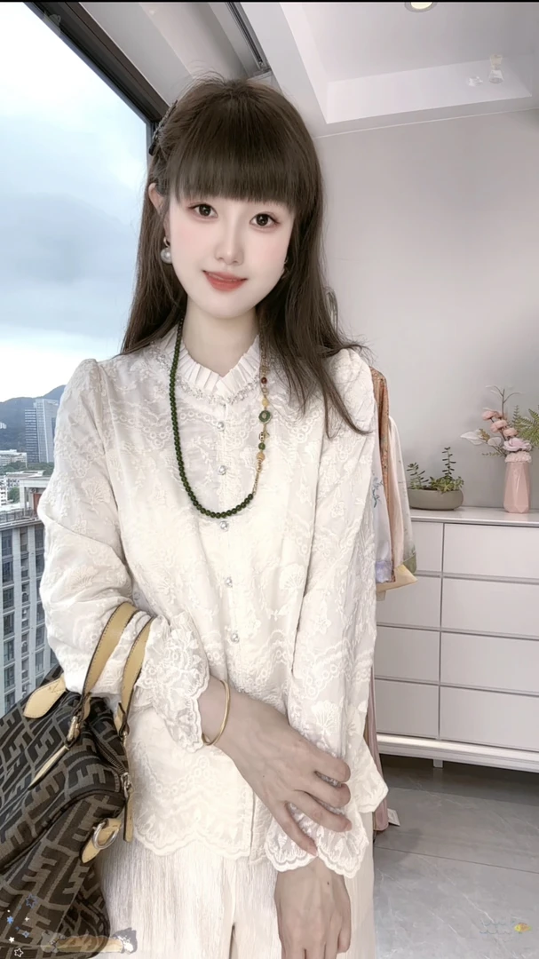 【铭铭专属】2025早秋新款蕾丝花边袖新中式减龄公主风珍珠领衬衫女