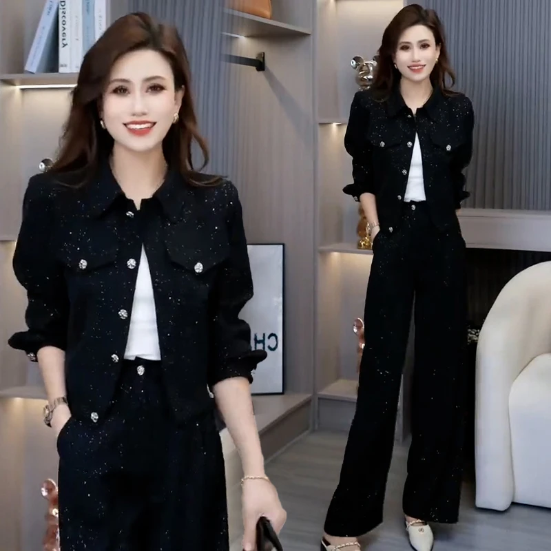 韩版复古亮片套装女2026年春秋新款洋气减龄短款上衣阔腿裤两件套