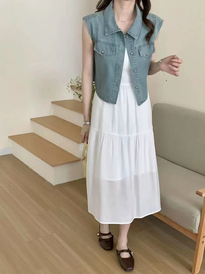 6168短袖牛仔外套夏季薄款配吊带裙新款女夏季高级感连衣裙两件套