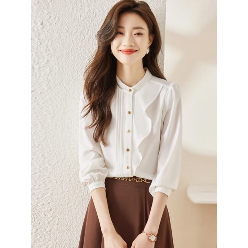 9712春秋新款设计感条纹白色荷叶边雪纺衬衫韩版长袖气质上衣女
