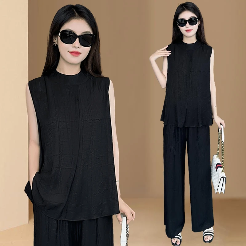 轻熟风时尚套装女2025夏季新款宽松显瘦无袖衬衫高腰阔腿裤两件套