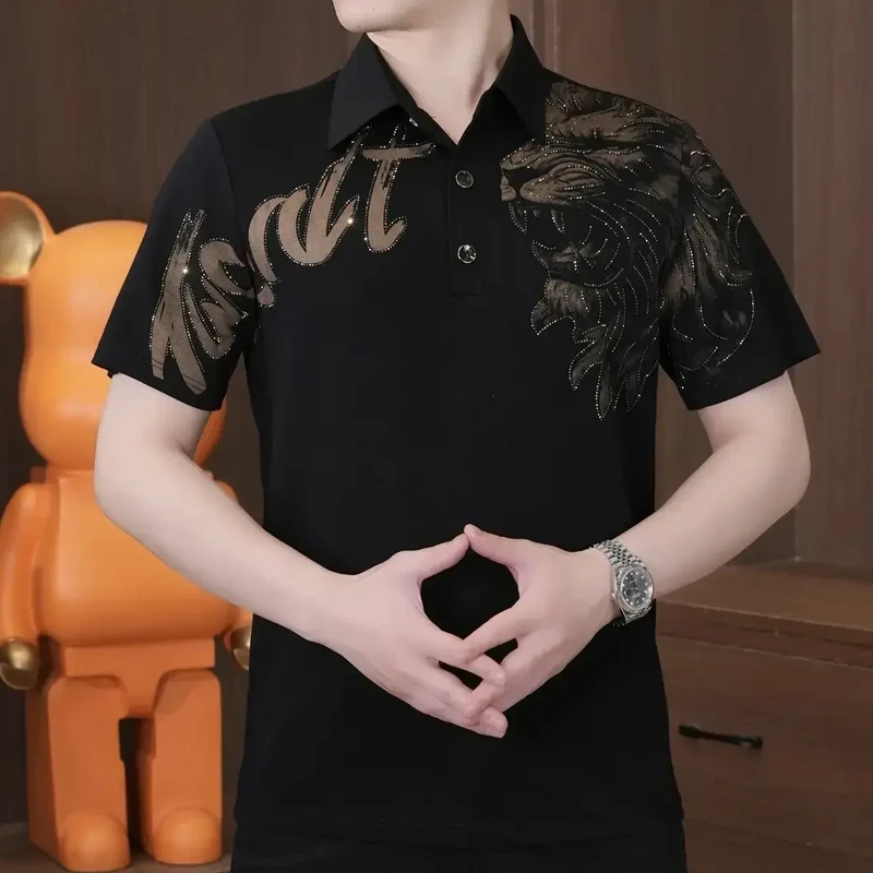 2025男士夏季新款翻领短袖烫金半袖时尚POLO衫薄款潮流修身商务-W