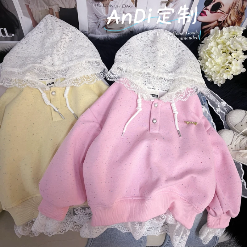 〖ANDI〗订制春季新款中大童女童韩系蕾丝拼接休闲套头衫3575