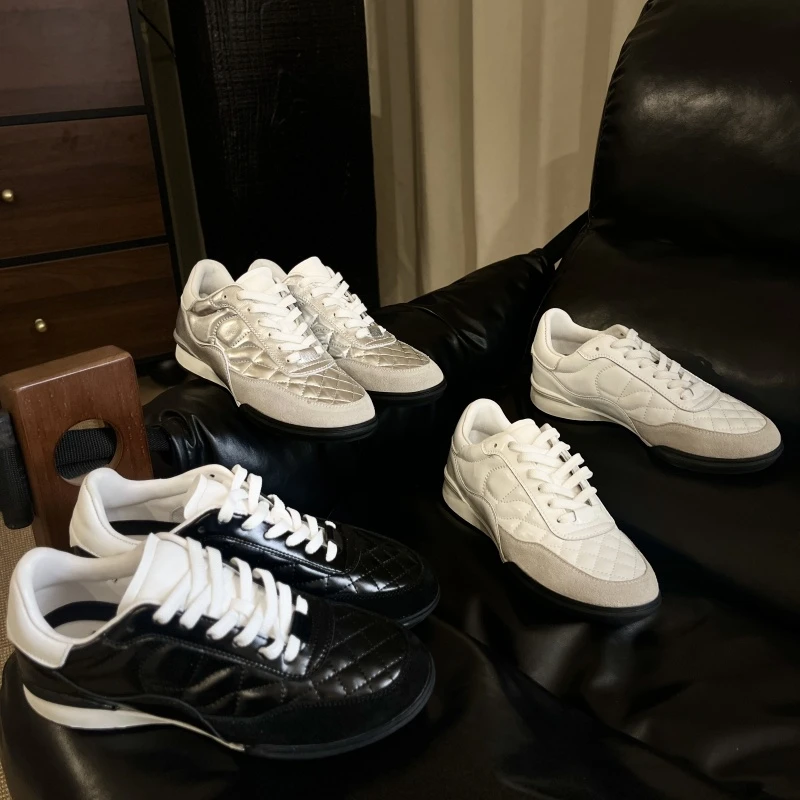 韩版羊皮小香风菱格阿甘鞋真皮春季新款圆头系带百搭休闲运动鞋女