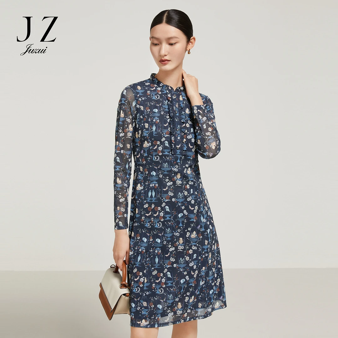 【羊羊专属】JZ玖姿JLFC50007商场同款裙子女冬印花网纱连衣裙