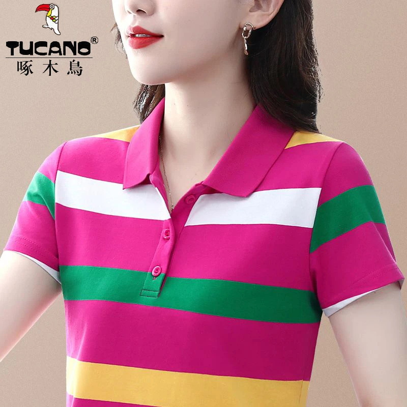 啄木鸟正品夏季舒适短袖百搭气质t恤女条纹翻领上衣2025年薄款