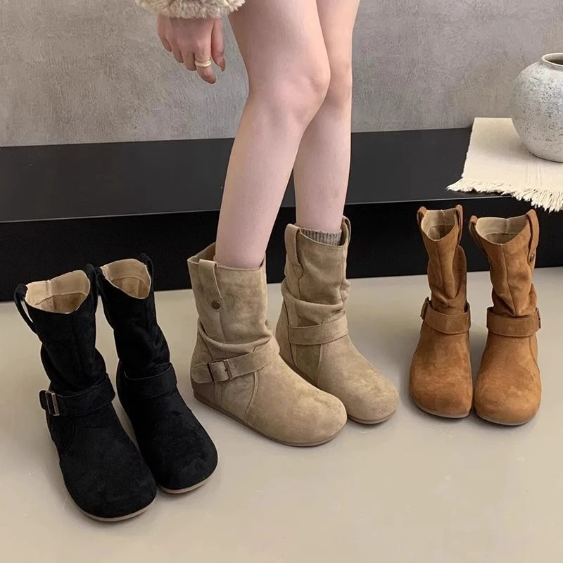 复古内增高短靴女秋冬新款丑萌堆堆厚底百搭马丁靴勃肯西部牛仔靴